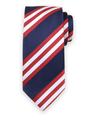 Granatowy krawat w białe i czerwone paski