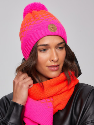 Różowo-pomarańczowa czapka z pomponem i szalik