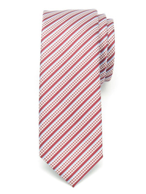 Wąski czerwony krawat w paski, pepitkę i prążek