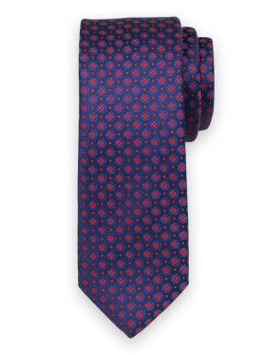Wąski granatowy krawat w czerwone kwieciste wzory