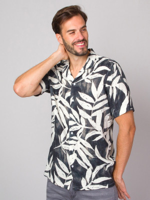 Grafitowa koszula typu hawajka w beżowe liście