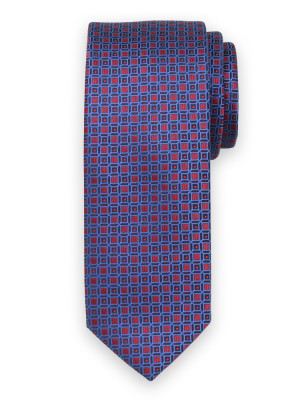 Wąski granatowy krawat w czerwone wzory
