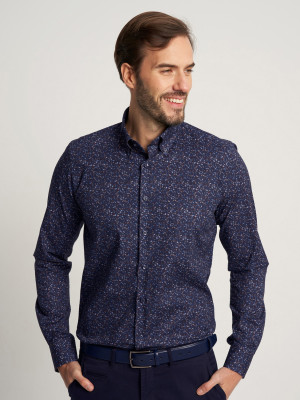 Granatowa taliowana koszula w kolorowe plamki