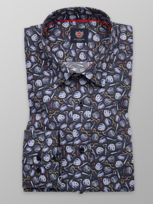 Granatowa taliowana koszula we wzór