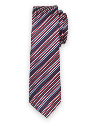 Wąski granatowo-czerwony krawat w prążki