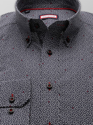 Granatowa taliowana koszula w drobne trójkąty