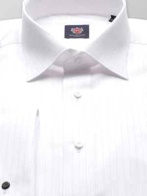 Biała taliowana koszula w prążki na spinki
