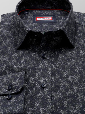 Granatowa taliowana koszula w liście