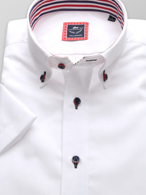 Biała taliowana koszula z kontrastami w paski