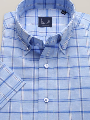 Błękitna taliowana koszula w kratę