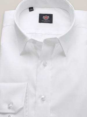 Biała taliowana koszula z krytym podpinanym kołnierzykiem