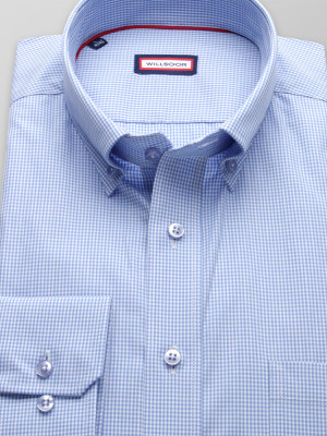 Błękitna taliowana koszula w drobną kratkę