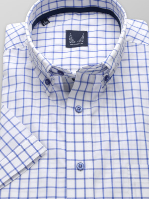Biała taliowana koszula w niebieską kratę