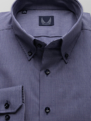 Granatowa taliowana koszula w drobną kratkę