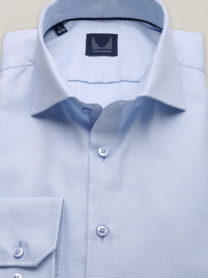 Błękitna taliowana koszula w kurzą stopkę