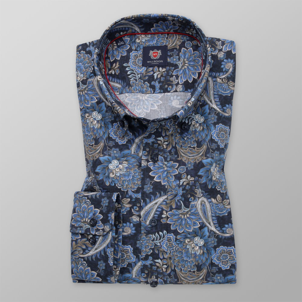 Granatowa taliowana koszula w kwieciste wzory