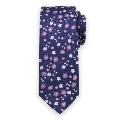 Granatowy krawat w białe i różowe kwiaty