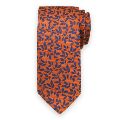 Pomarańczowy krawat w granatowe liście