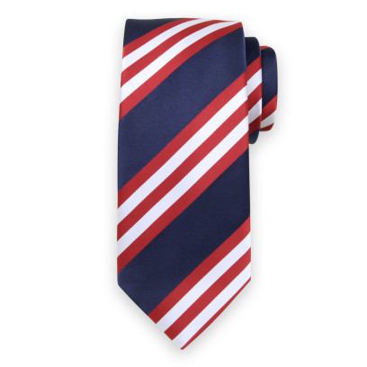 Granatowy krawat w białe i czerwone paski