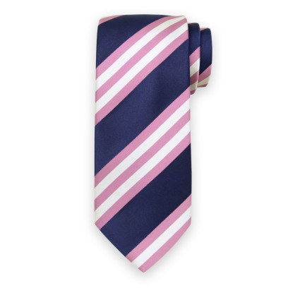 Granatowy krawat w białe i różowe paski