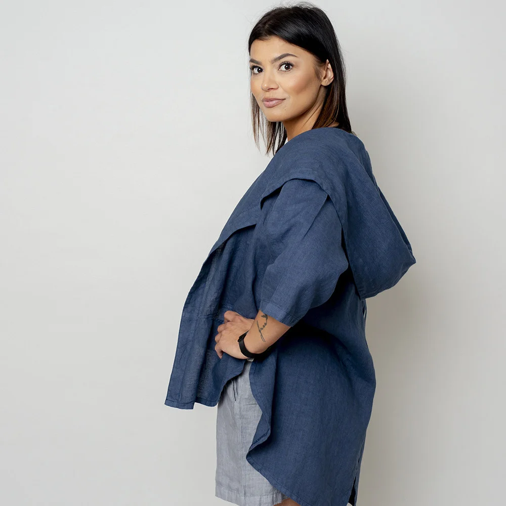 Granatowa kurtka lniana oversize z kapturem